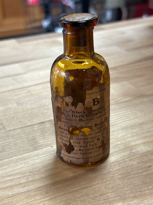 Vintage Hair Ye Bottle 4” (with 5 cent stamp attached)(not sure of maker, partial label)