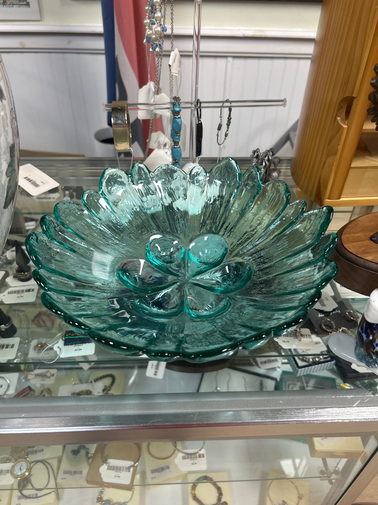 Vintage Fenton Turquoise Blue 12" x 3" Frosted Glass Fruit Bowl Floral Petals