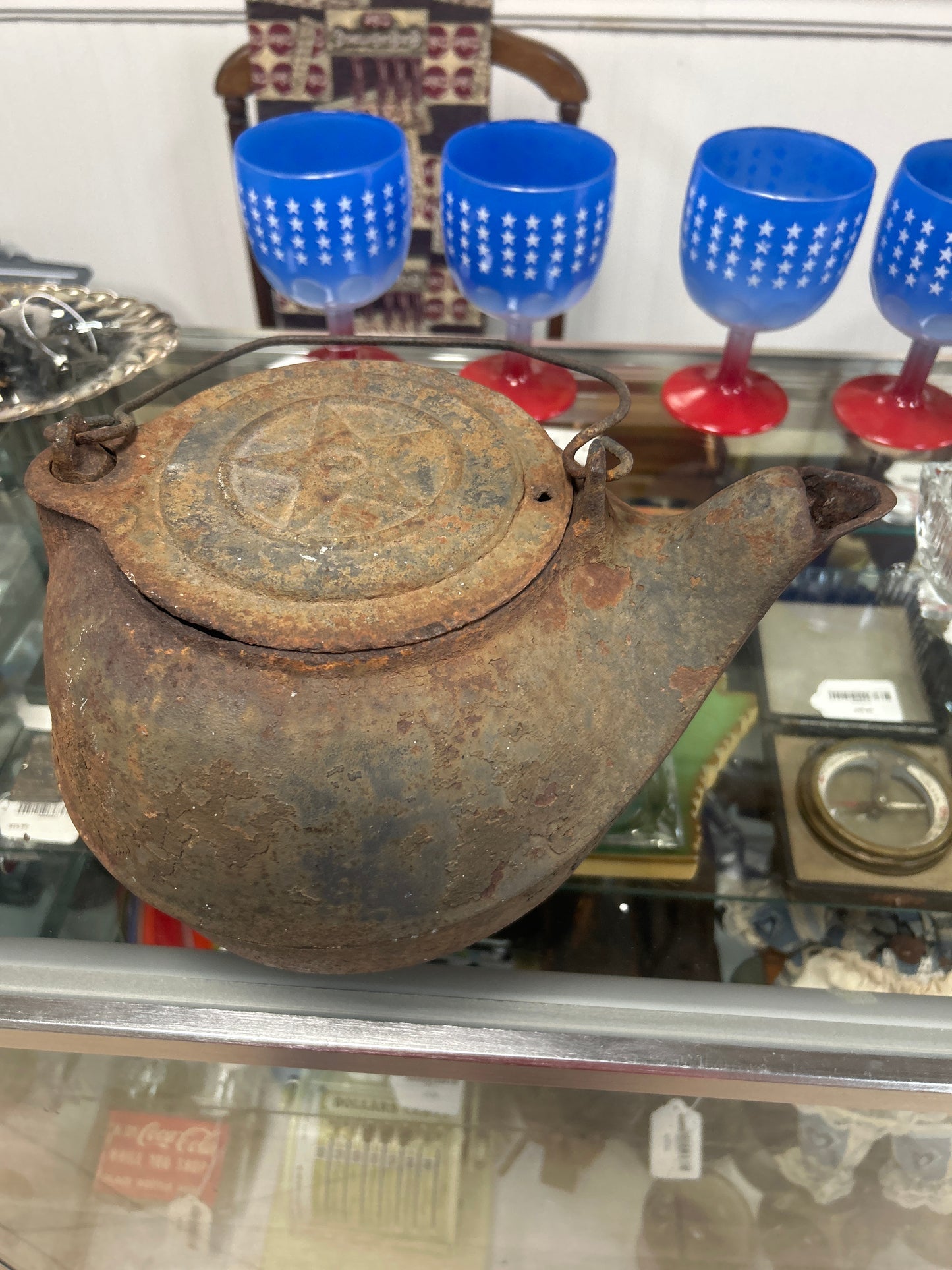 Antique Cast Iron Number 8 Kettle with Gate Mark, Bird Spout & Swivel Lid