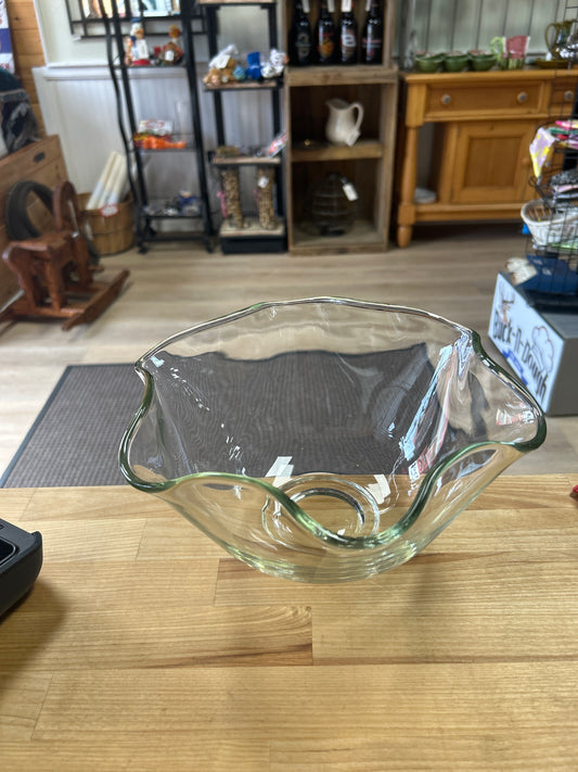 Vintage glass bowl. Nice quality but we don’t know maker (and we don’t guess).