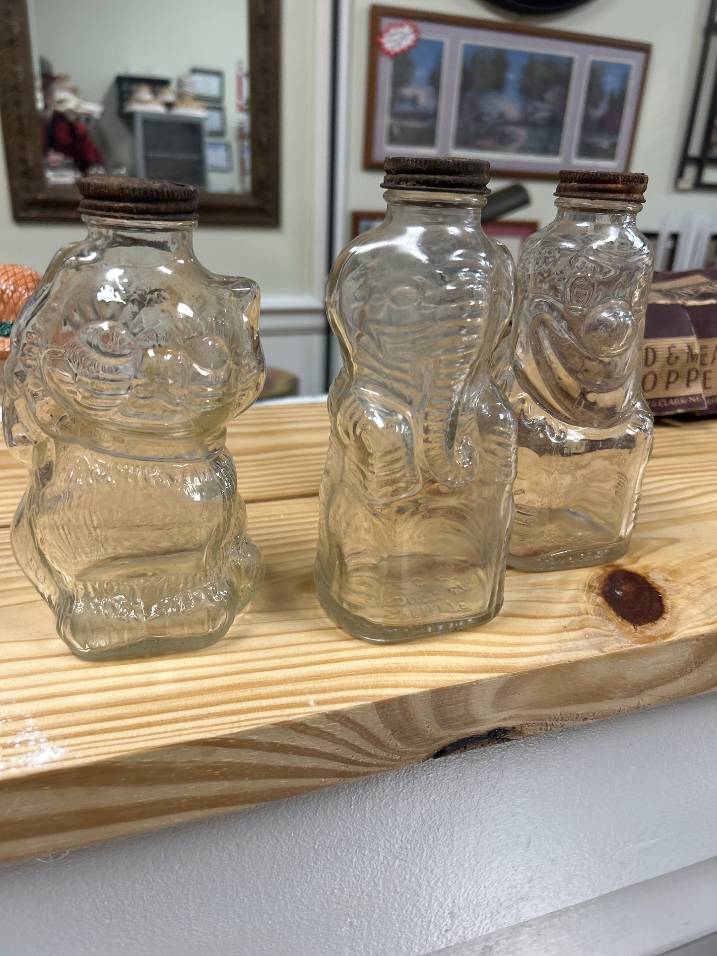 1940’s Grapette Cat, Elephant and Clown - Bank - Clear Glass Bottle (set 3)