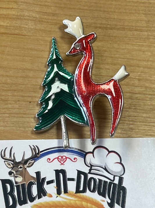 Vintage Christmas Brooch Deer By Tree Pin Red Rhinestone Eye