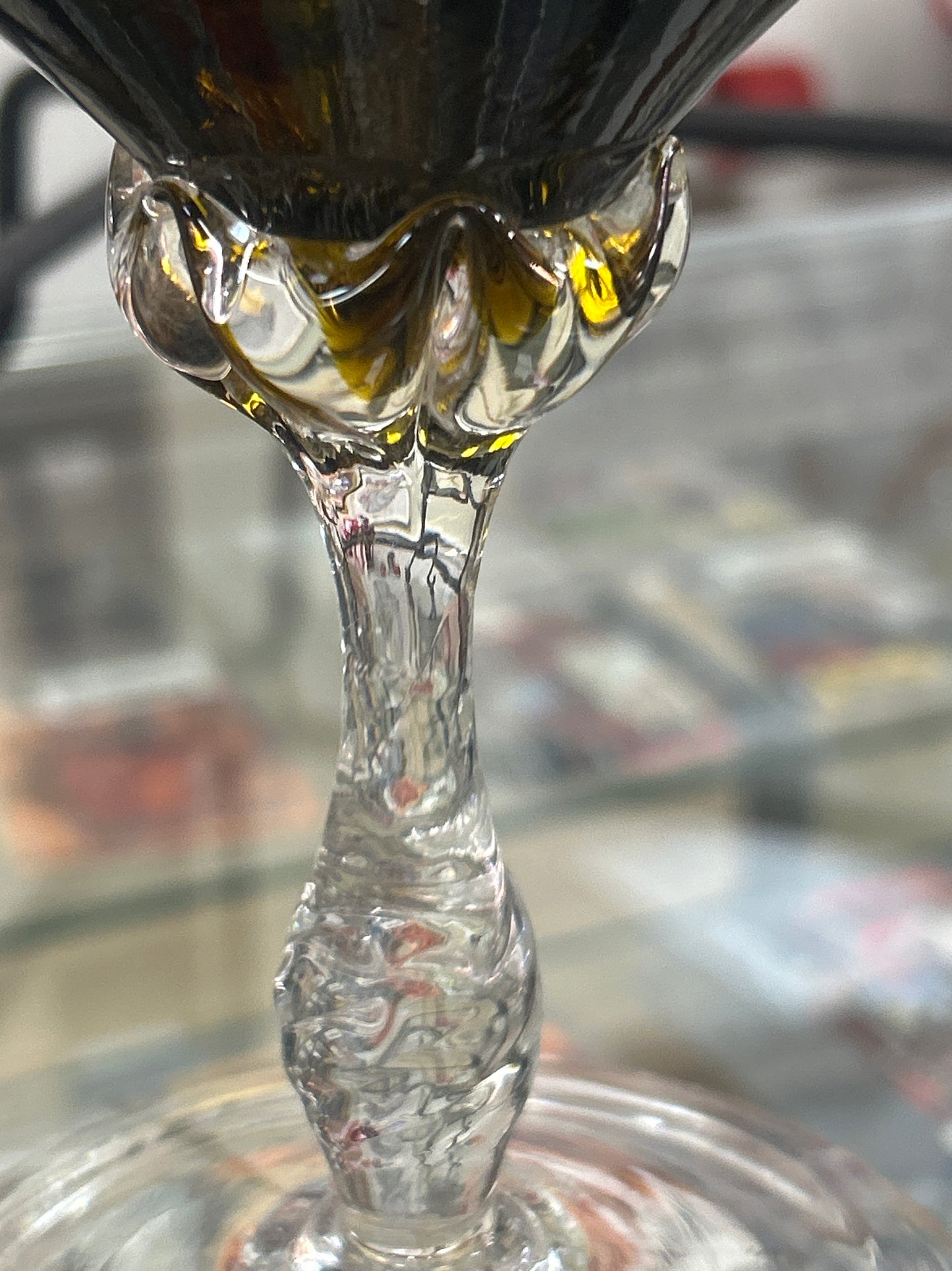 Glass Compote dish Applied Glass. On a pedestal. 7.25” Tall.