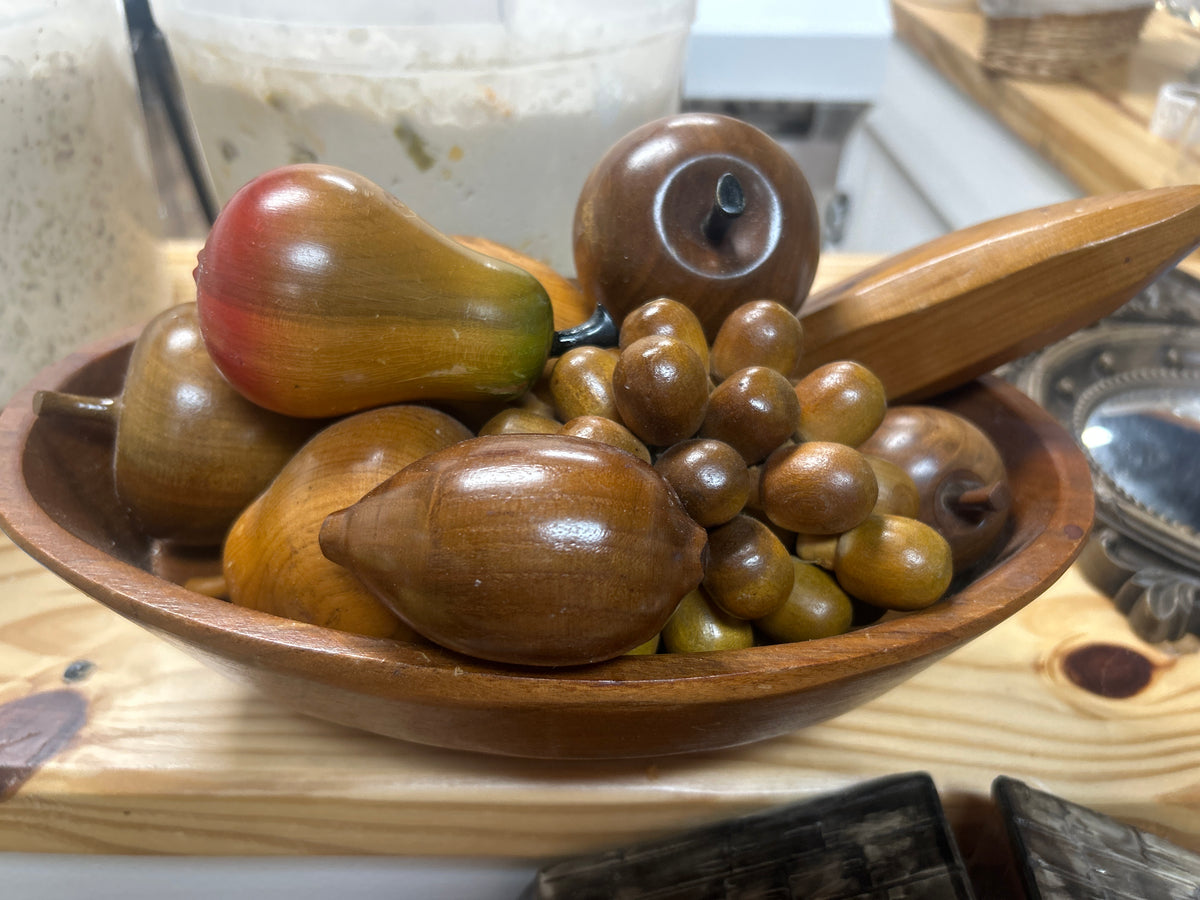 Vintage mid-century modern monkey pod wood carved fruit set