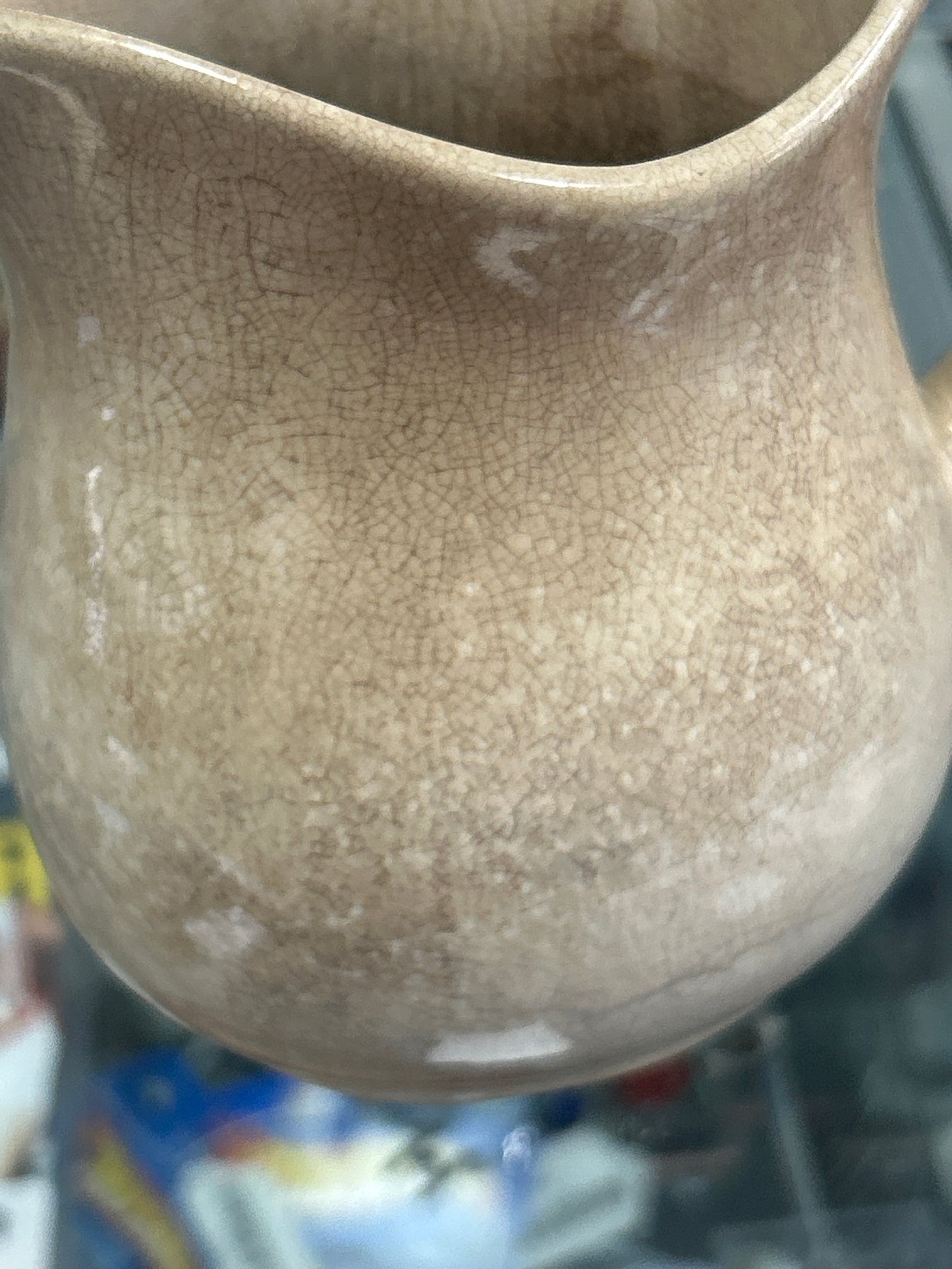 Antique ironstone pitcher with great browning and crazing; unmarked 5”