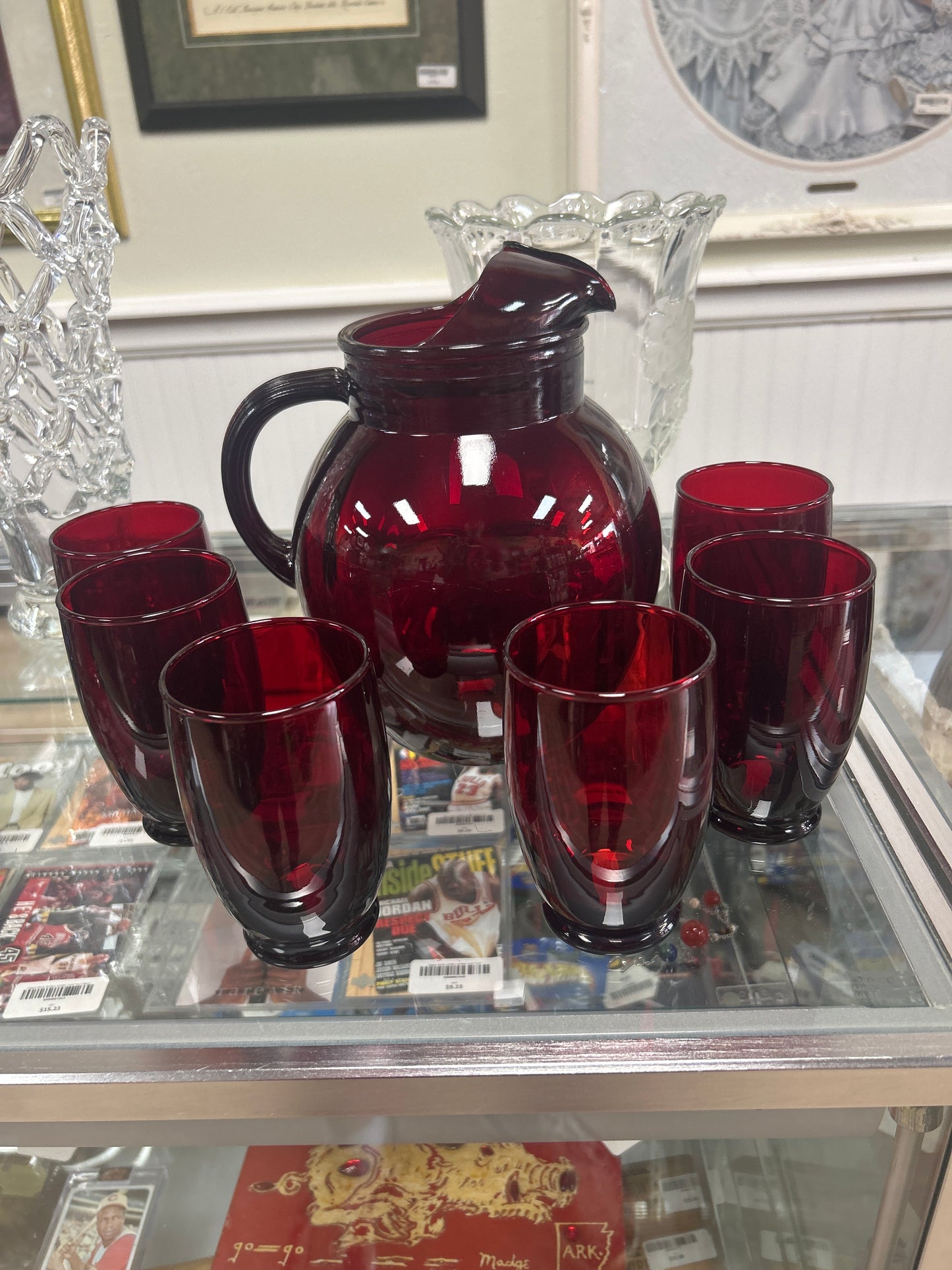 Vintage Anchor Hocking Royal Ruby Roly Poly Pitcher and 6 Glasses