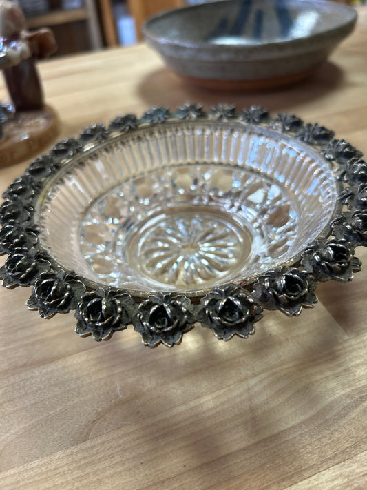 Vintage glass bowl metal flowers lip