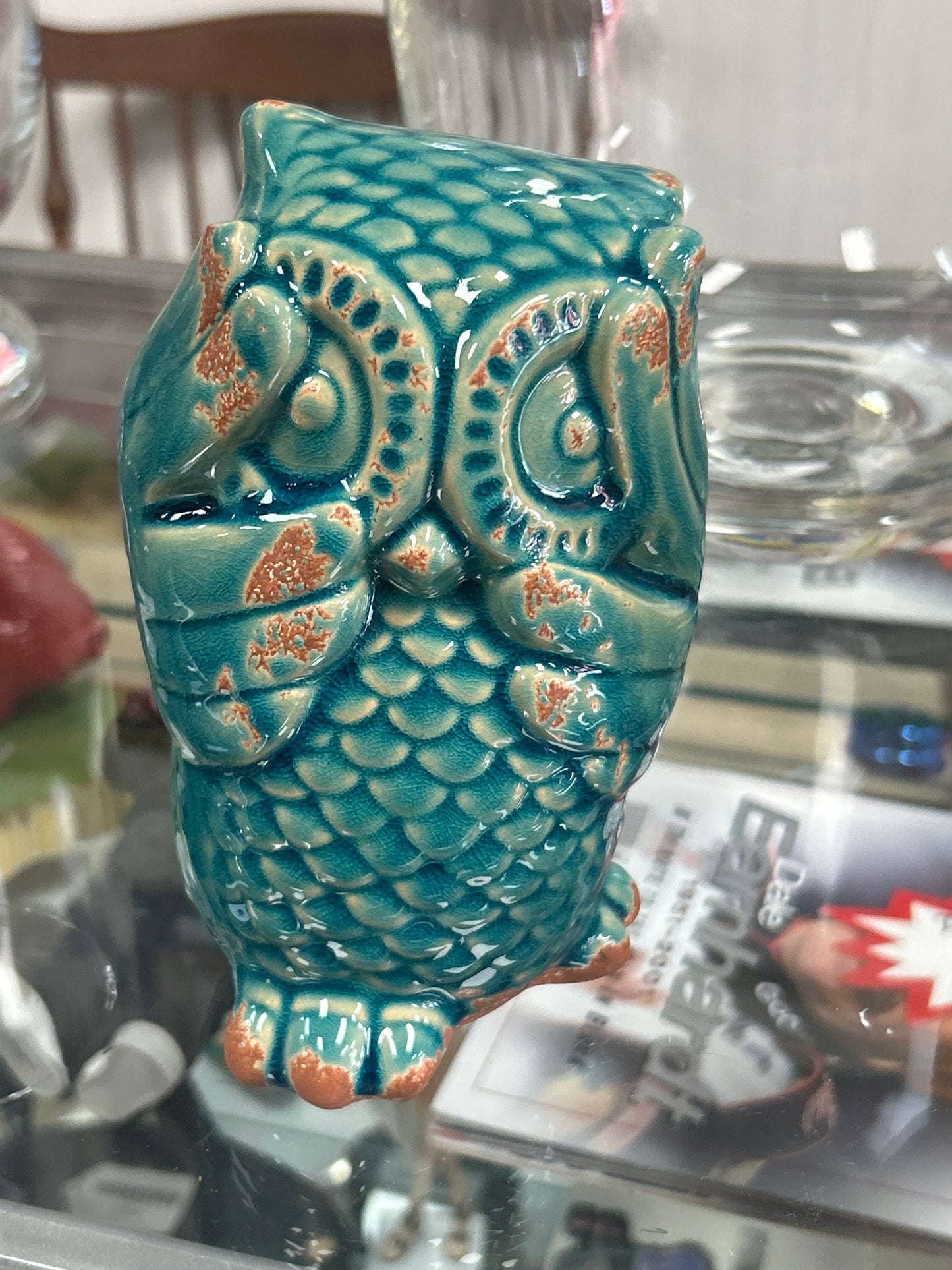 Set of 3 Ceramic Owls Showing Hear See Speak No Evil Yellow Green Blue 6” Tall
