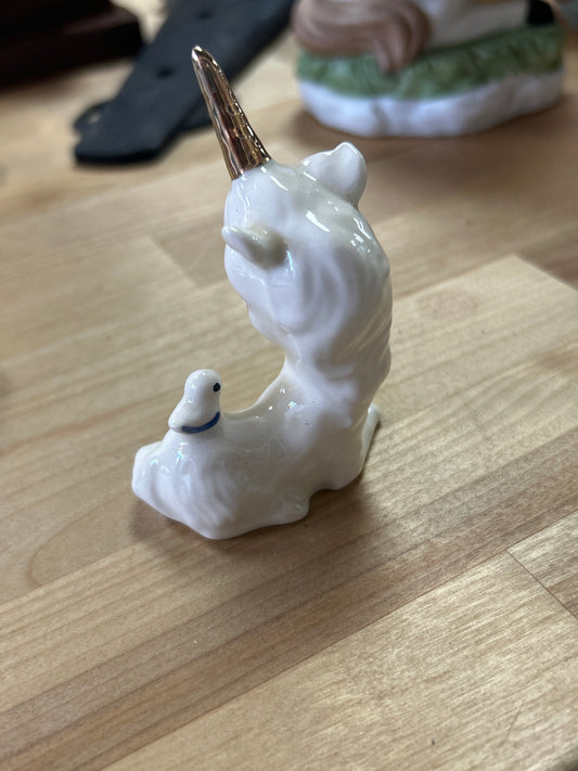 Vintage Unicorn Figure Unicorn W/Gold Horn 3” Bird on Back