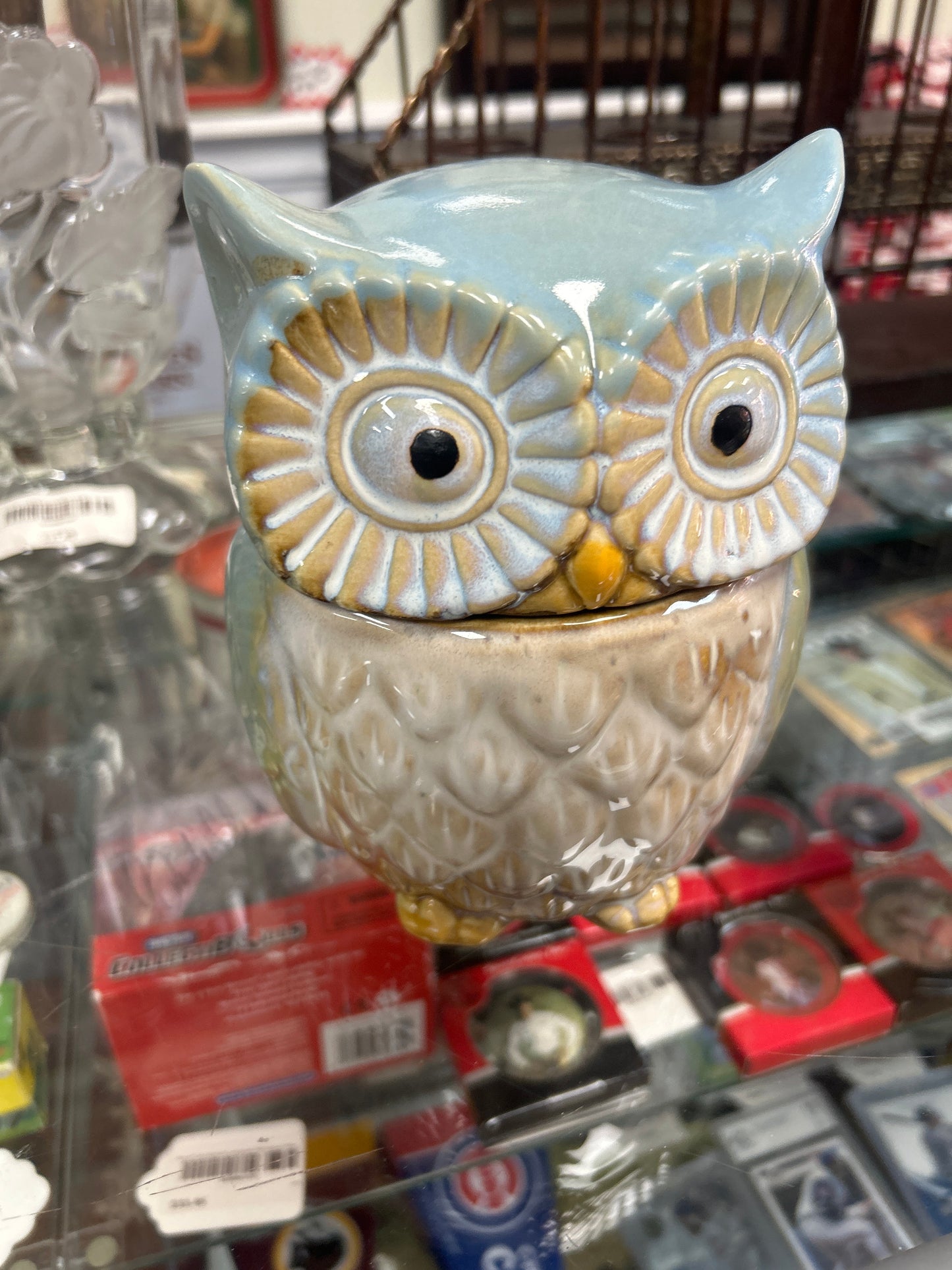 Blue Tan Glazed Ceramic Owl Cookie Jar/Treat Canister Container 6.5” Tall
