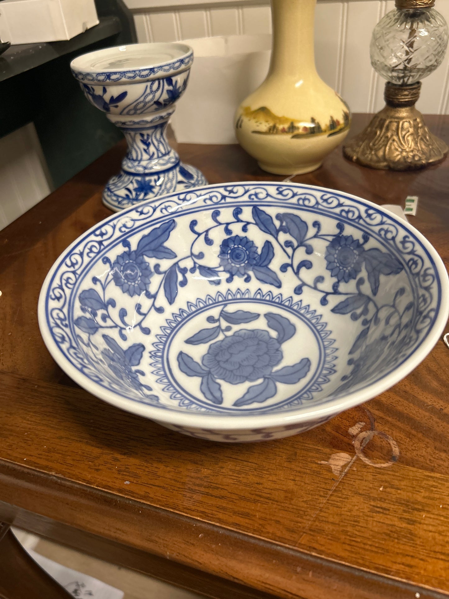 Vintage Chinese Blue and White Bowl, Large Ceramic, Handpainted blue and white floral motif, Succulent Planter, centrepiece