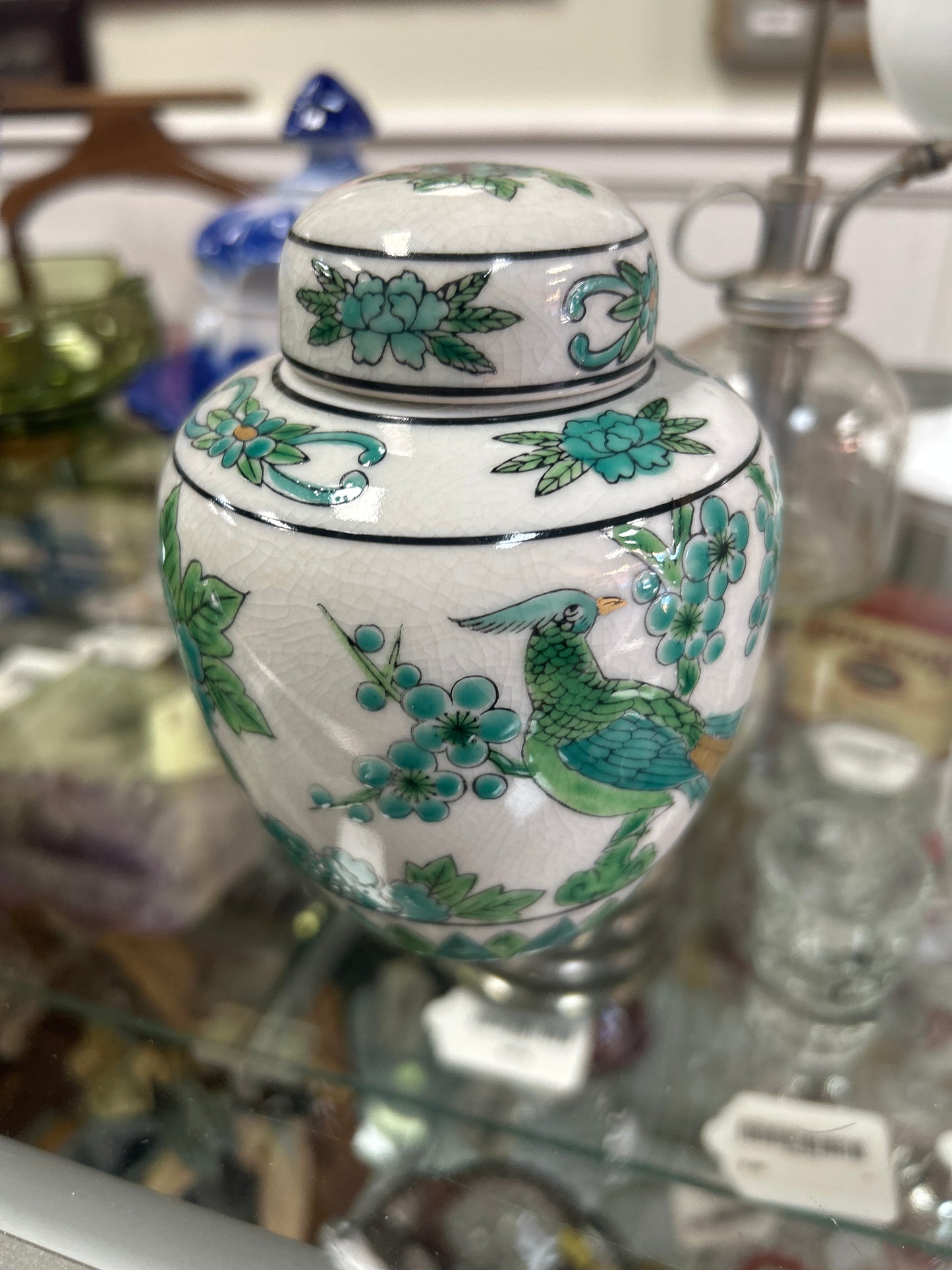 Japanese Porcelain Hand Painted Ginger Jar 5.5" Green Birds Flowers Age Grazing