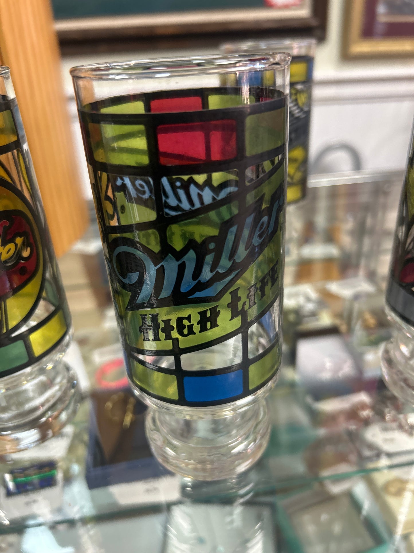 Vintage 1970’s Set of 6 Faux Stained Glass Beer Drinking Glasses Falstaff Schlitz Pabst (Anchor Hocking)