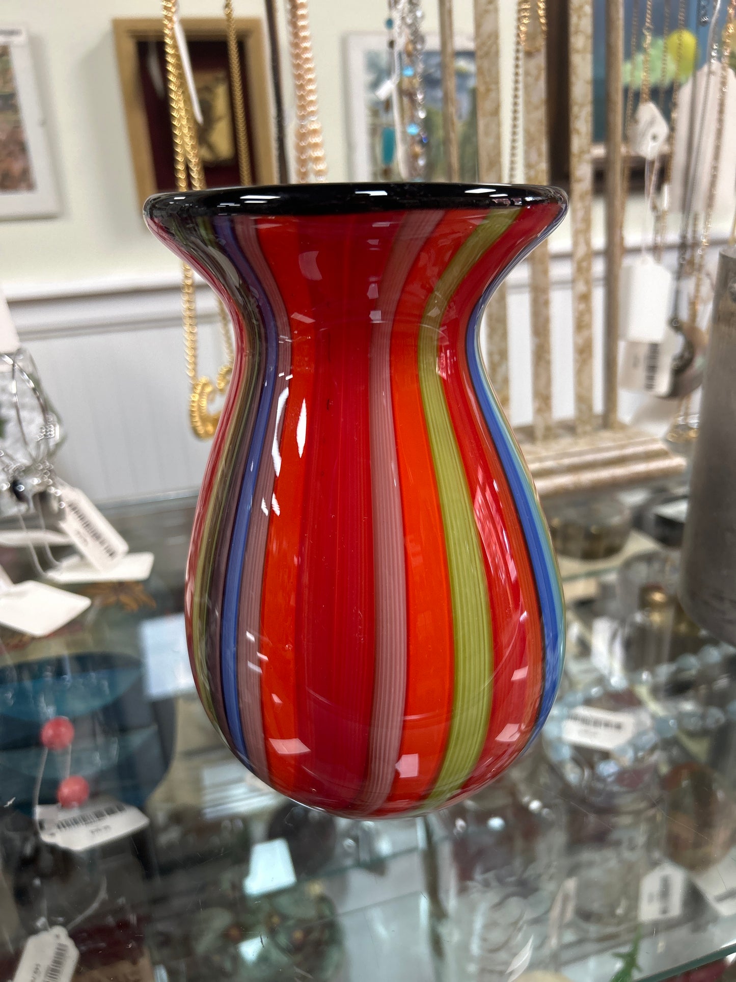 Handmade Murano glass vase featuring a colorful "canna" (vertical striped) design 8” and 3 1/2 lbs (beautiful)