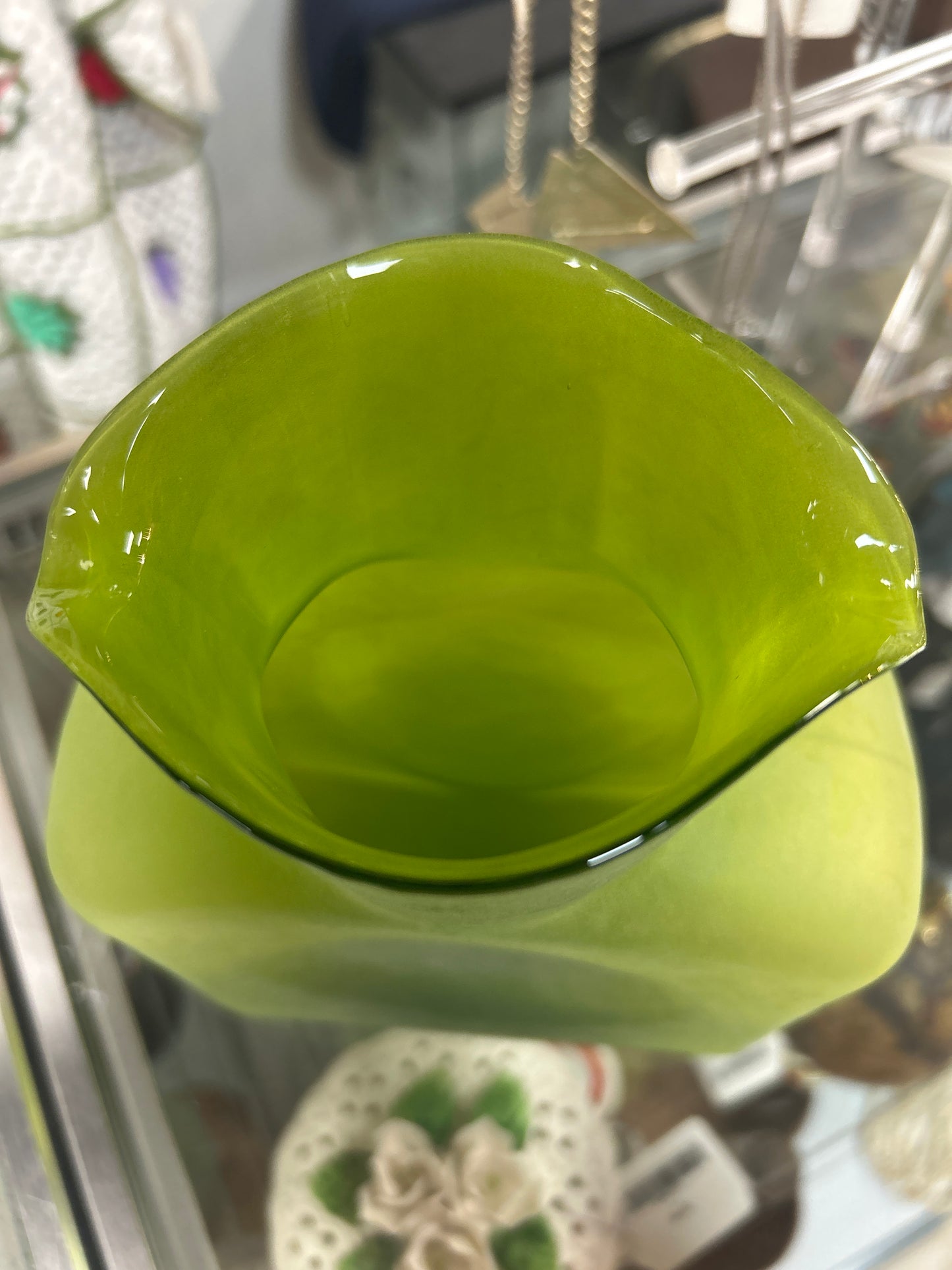 Vintage Blenko Frosted Green Double Spout Carafe 8”