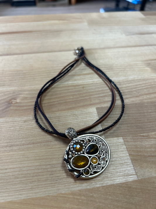 Metal, leather, bead necklace pre-owner