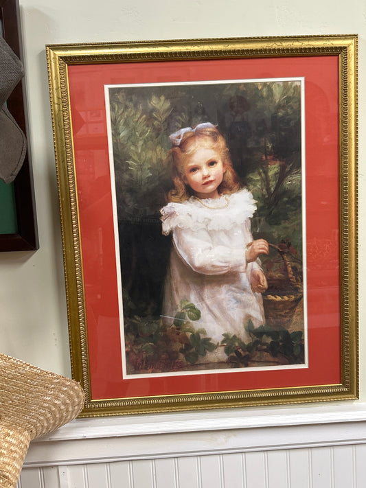 Vintage Emma Irlam Briggs Print “Girl Picking Blueberries” Framed and Matted