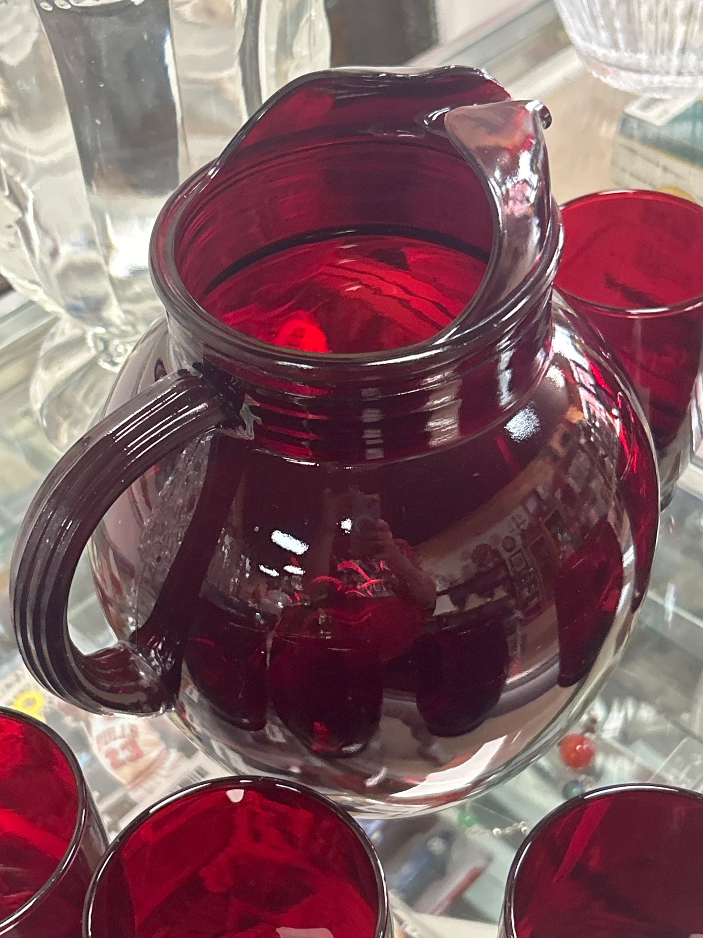 Vintage Anchor Hocking Royal Ruby Roly Poly Pitcher and 6 Glasses