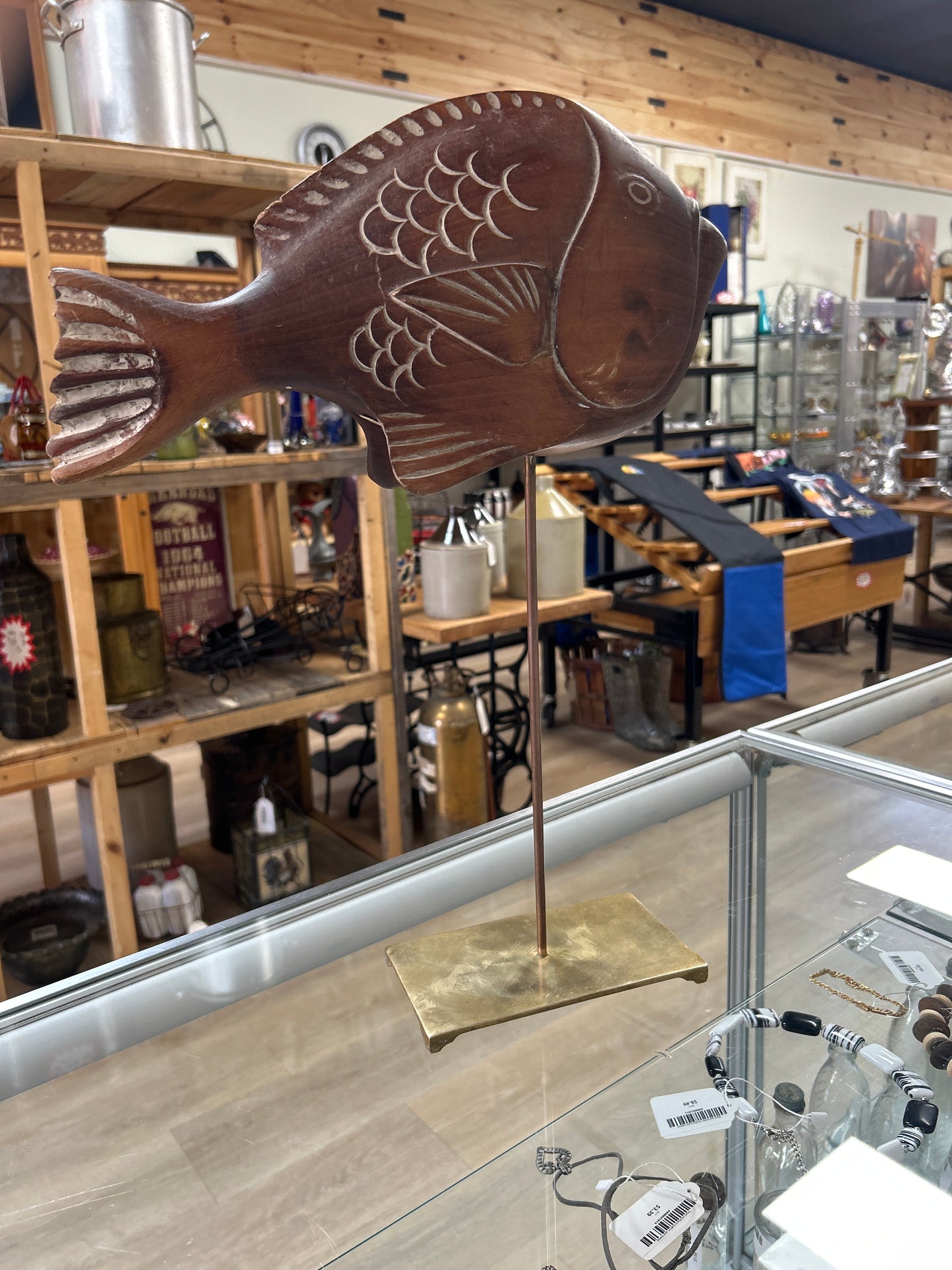 V Sarreid Ltd. sculpture from 1977, wooden fish mounted on a brass stand