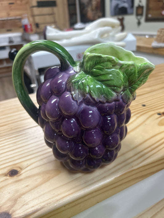 Vintage Ceramic Grape Shaped Pitcher with Vine Leaf Handle