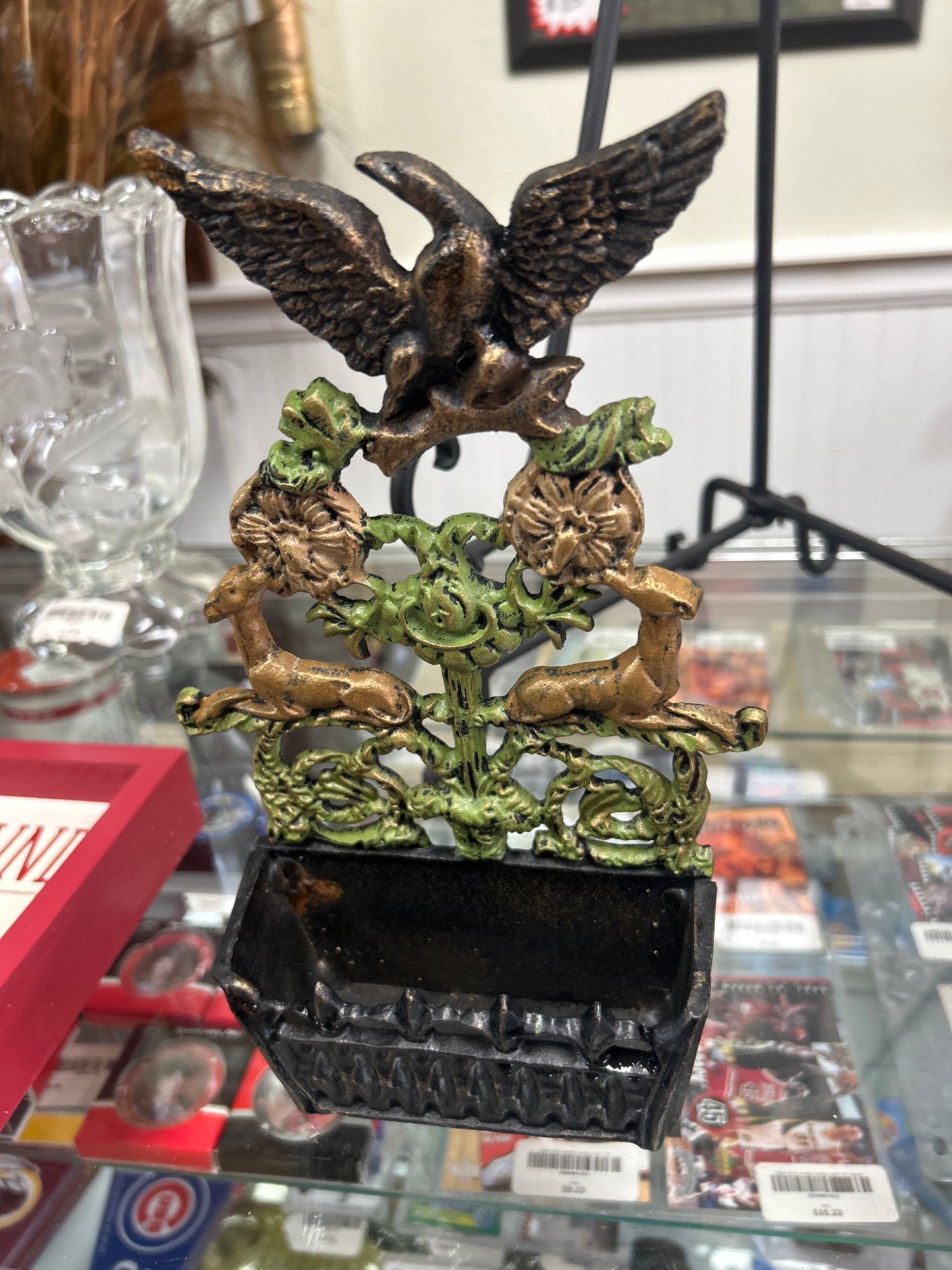 Vintage Ornate Cast Iron Letter/ Match Holder With Eagle On top Deer Flower/Vine