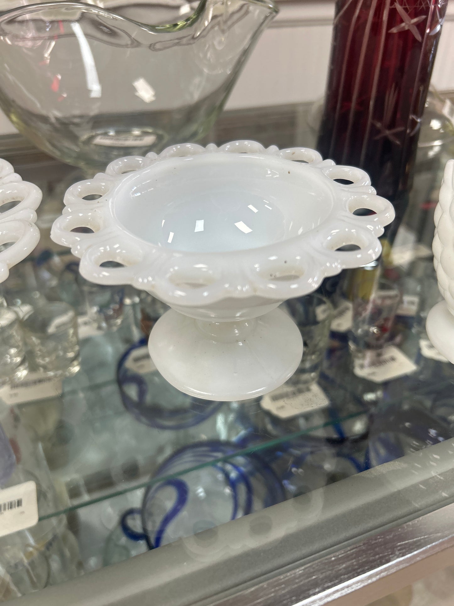 Small Lace Edge Milk Glass  Footed Bowl 5 Inches Wide 3 Inches Tall