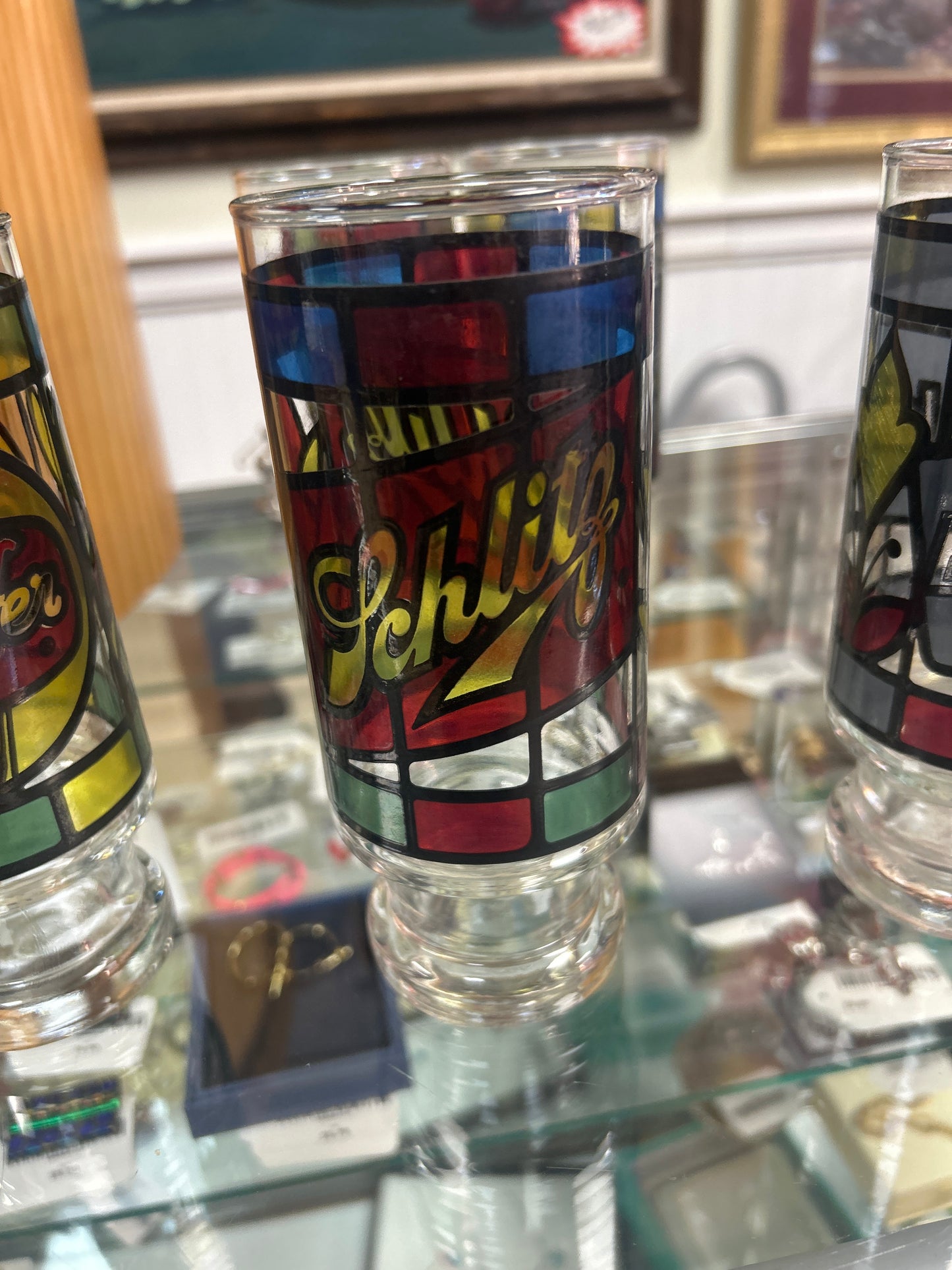 Vintage 1970’s Set of 6 Faux Stained Glass Beer Drinking Glasses Falstaff Schlitz Pabst (Anchor Hocking)