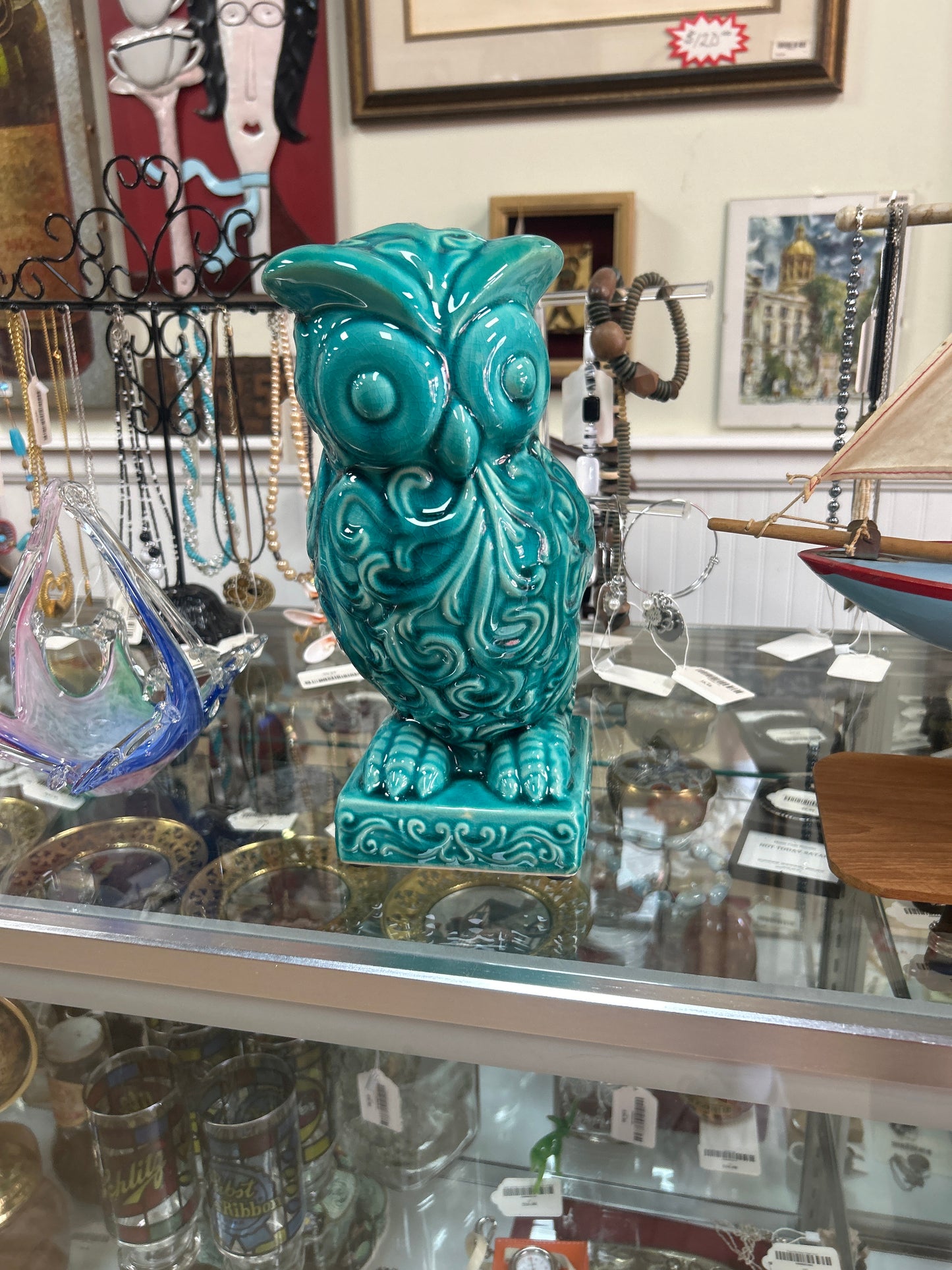 Vintage Ceramic Owl Turquoise Green Glaze Distressed Art Pottery Figurine 11"