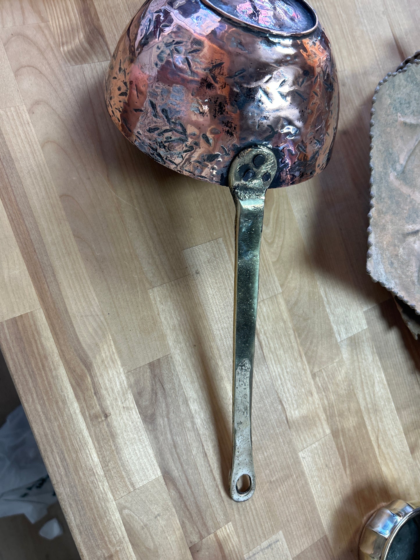 Vintage/Antique? Lrg Hammered Copper Serving Ladle Brass Handle (well used, preowned far from perfect but nice!)