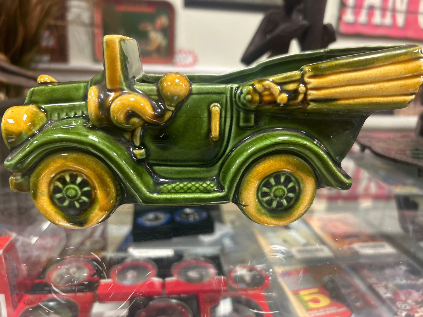 vintage green ceramic car planter