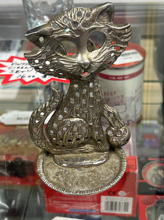 Vintage Cat Earring Tree/Ring Jewelry Holder Cast Metal Silver Plated