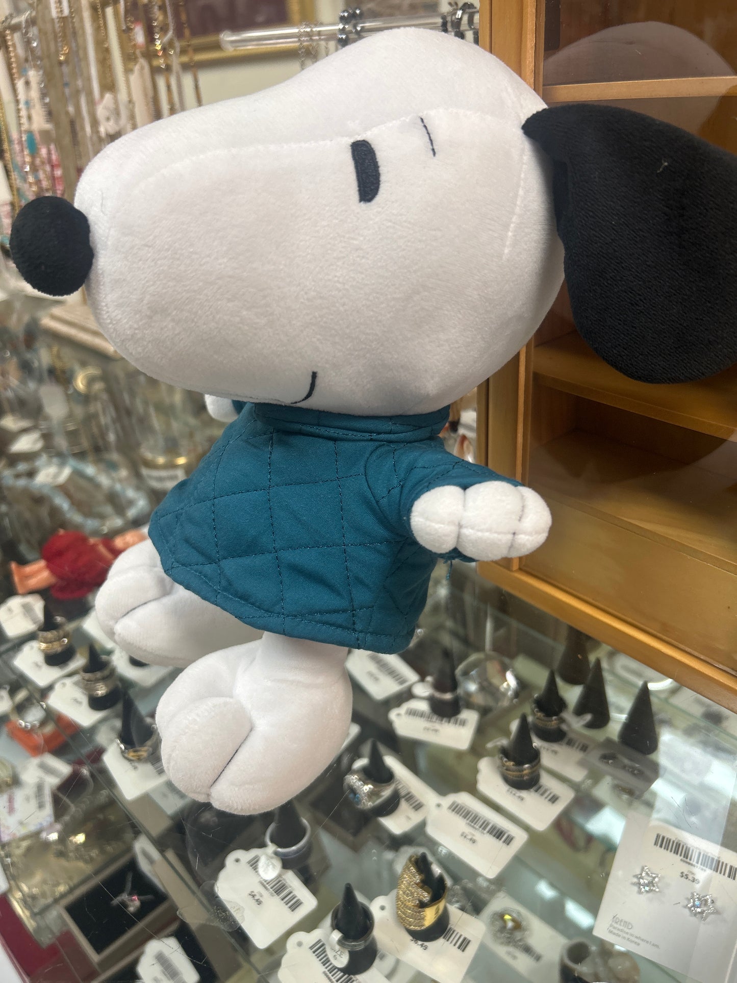 Snoopy plush toy wearing a blue puffer coat Pre-owned. Excellent Shape