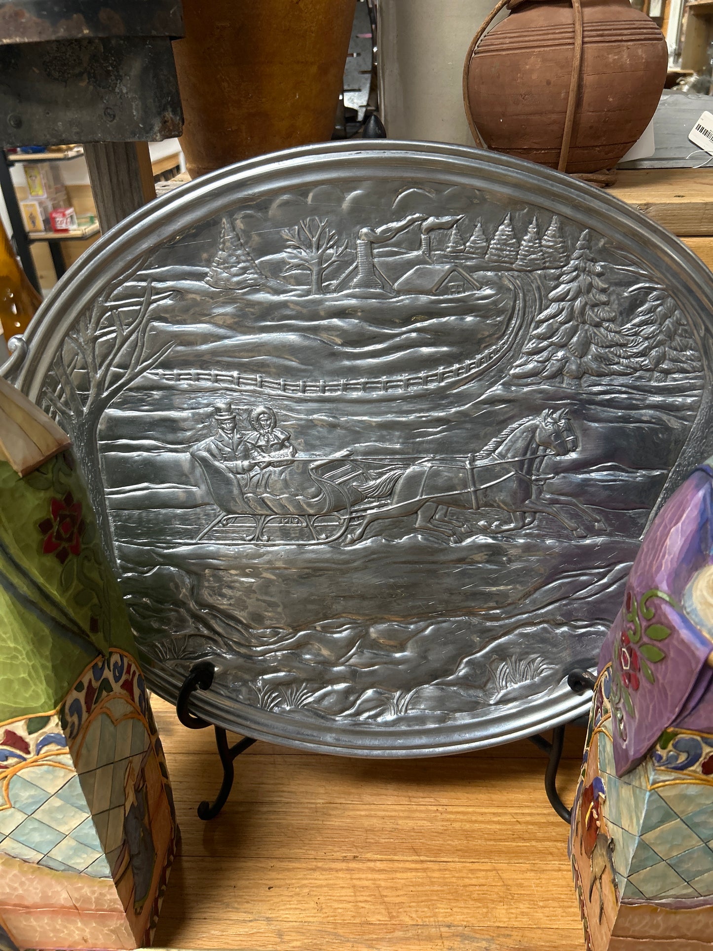 24" LARGE LENOX METAL SERVEWARE WINTER SCENE HANDLED SERVING TRAY METAL