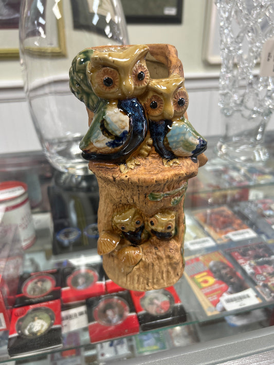 Vintage Majolica Ceramic Tree Trunk Vase w/Owls & Mushrooms