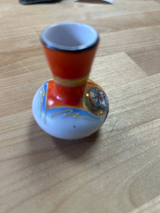 Vintage Japan Ceramic Moriage Bud Vase Hand painted Immortals Raised enamel Gold Accents 2.25” pre owned