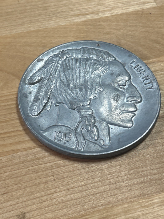 Buffalo Nickel Paperweight Collector HUGE Solid Metal Indian 3” Native American