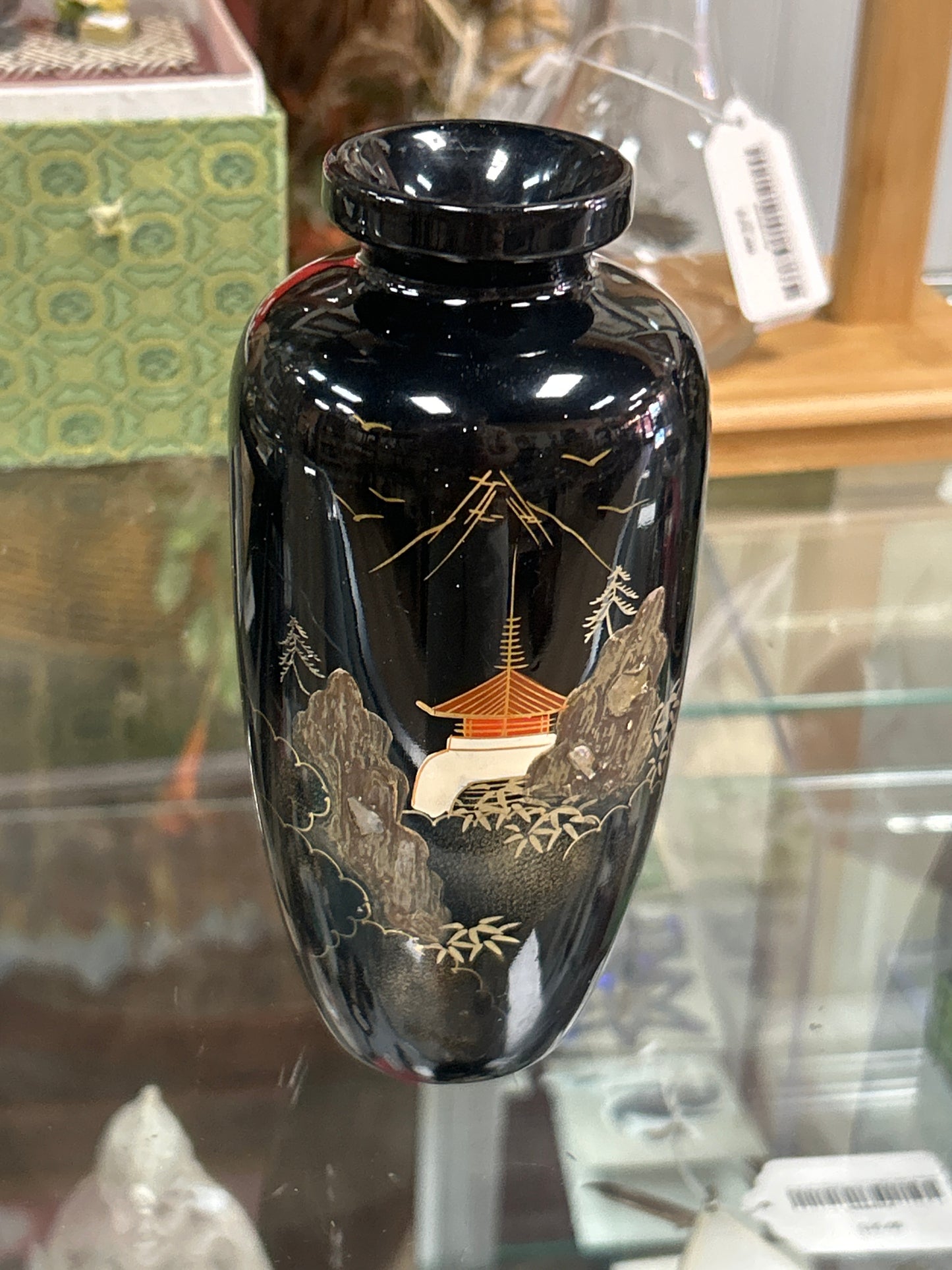 Vintage AIZU Made In Japan Japanese Lacquerware Mother of Peral Inlay Vase 6”
