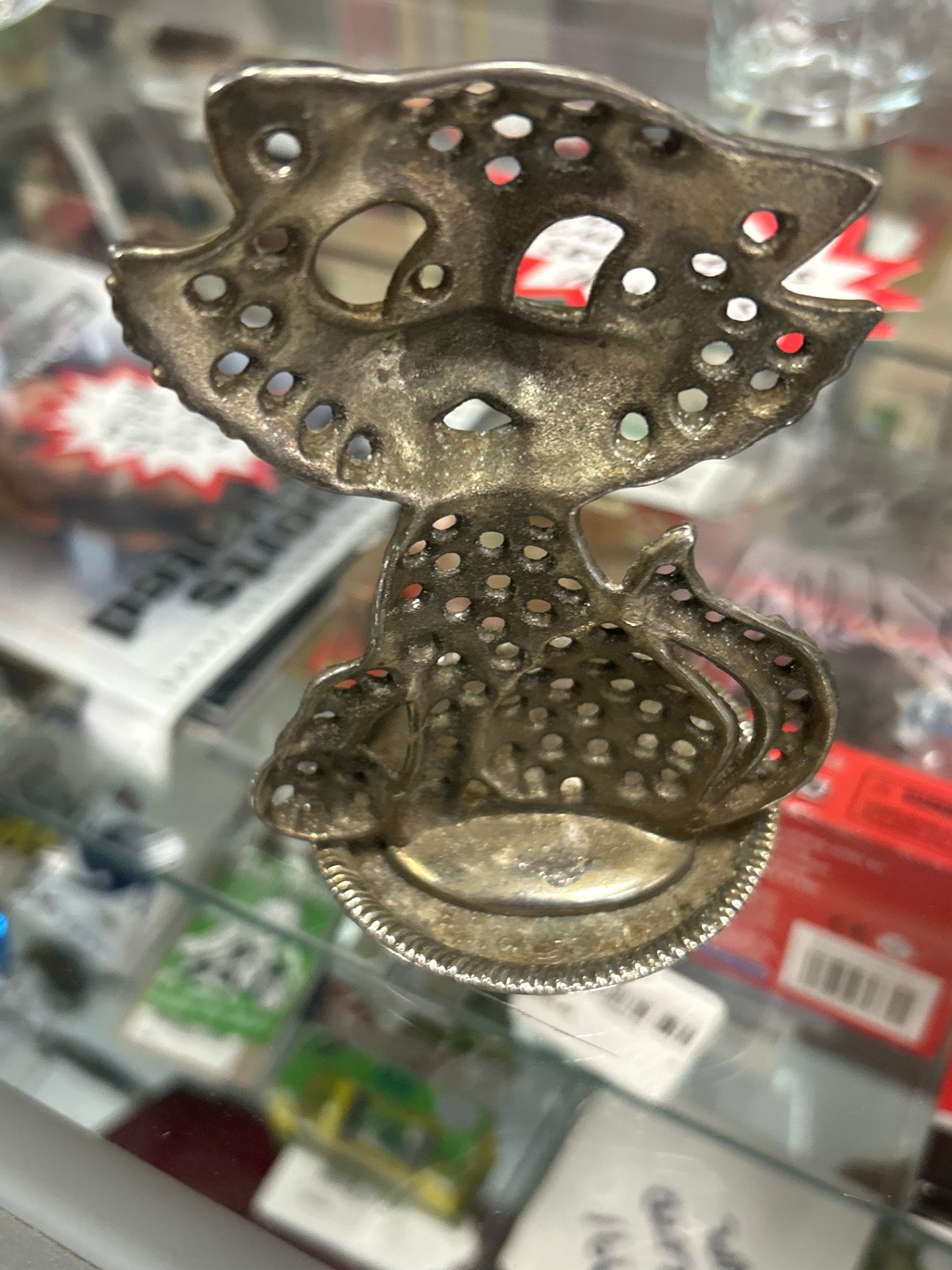Vintage Cat Earring Tree/Ring Jewelry Holder Cast Metal Silver Plated
