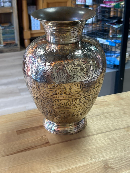 Vintage Engraved Brass Vase 10.5”