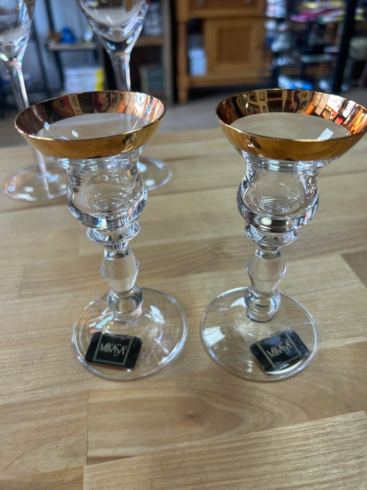 Mikasa Set Of Two Candle Holder Gold Trim Elegant Dinner Gift Romantic Glass