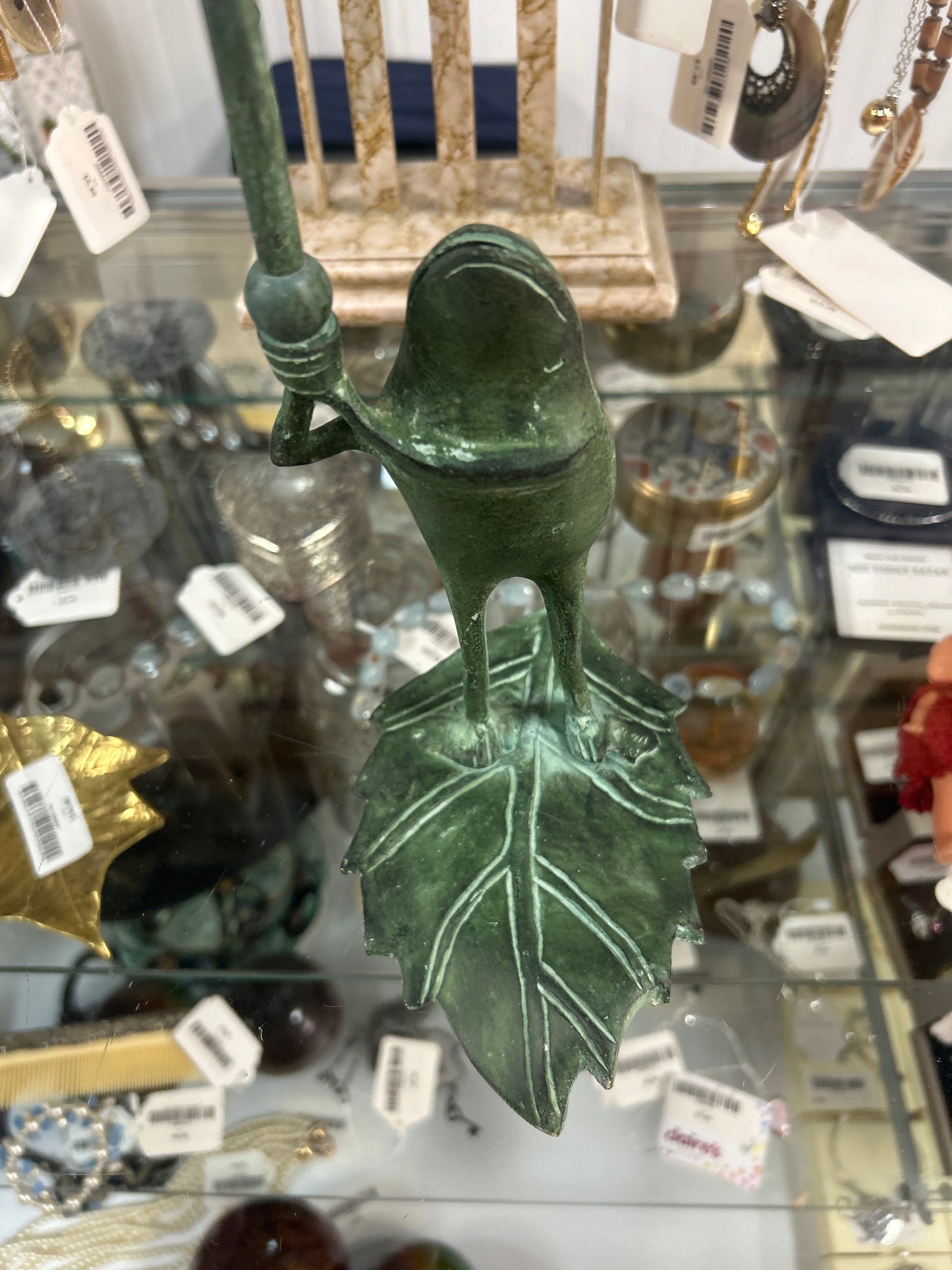Frog Taper Candle Holder Figurine Brass Heavy Green 11.75”