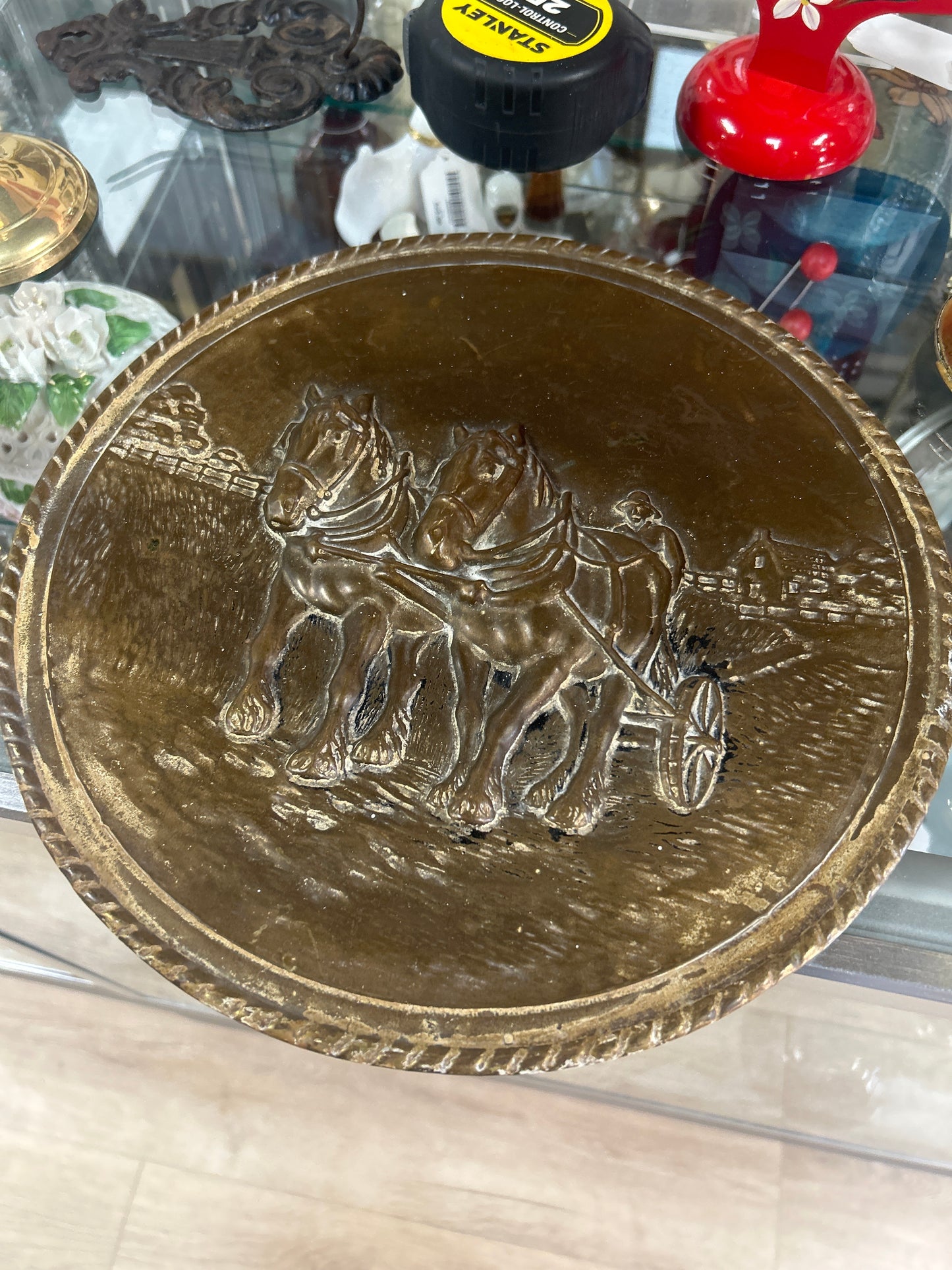 Vintage Brass Wall Hanging Plaque Plate Horse Scenery 11”D