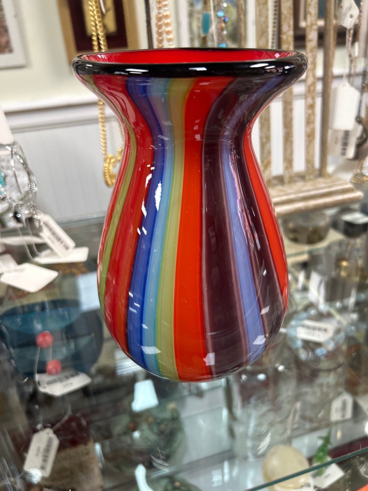Handmade Murano glass vase featuring a colorful "canna" (vertical striped) design 8” and 3 1/2 lbs (beautiful)