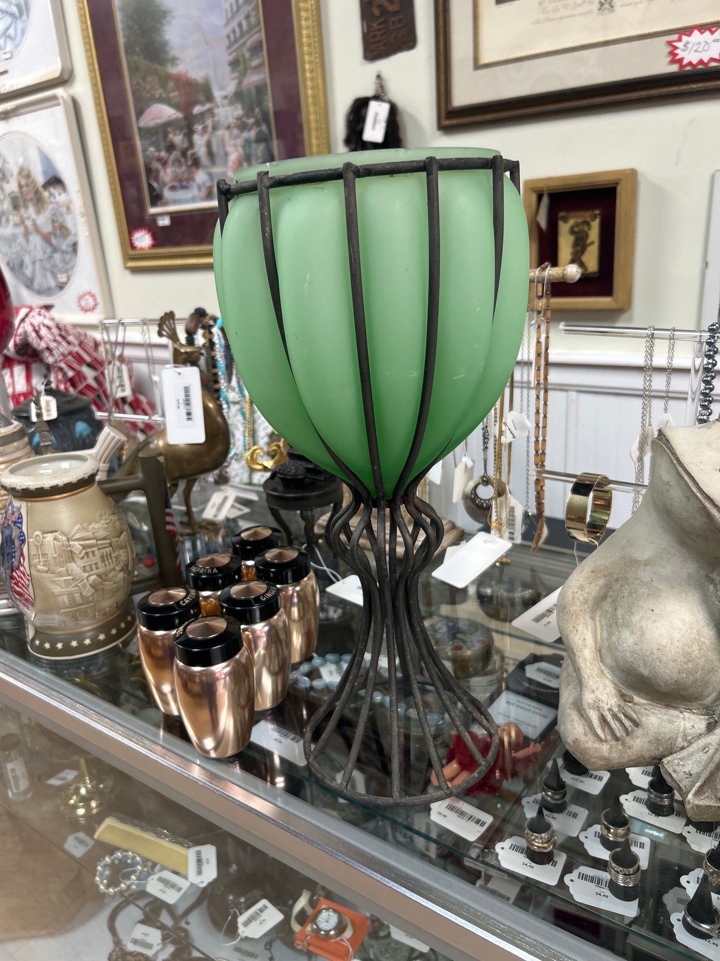 Vintage Frosted Green Glass Vase In Wrought Iron Stand Base 16” Tall
