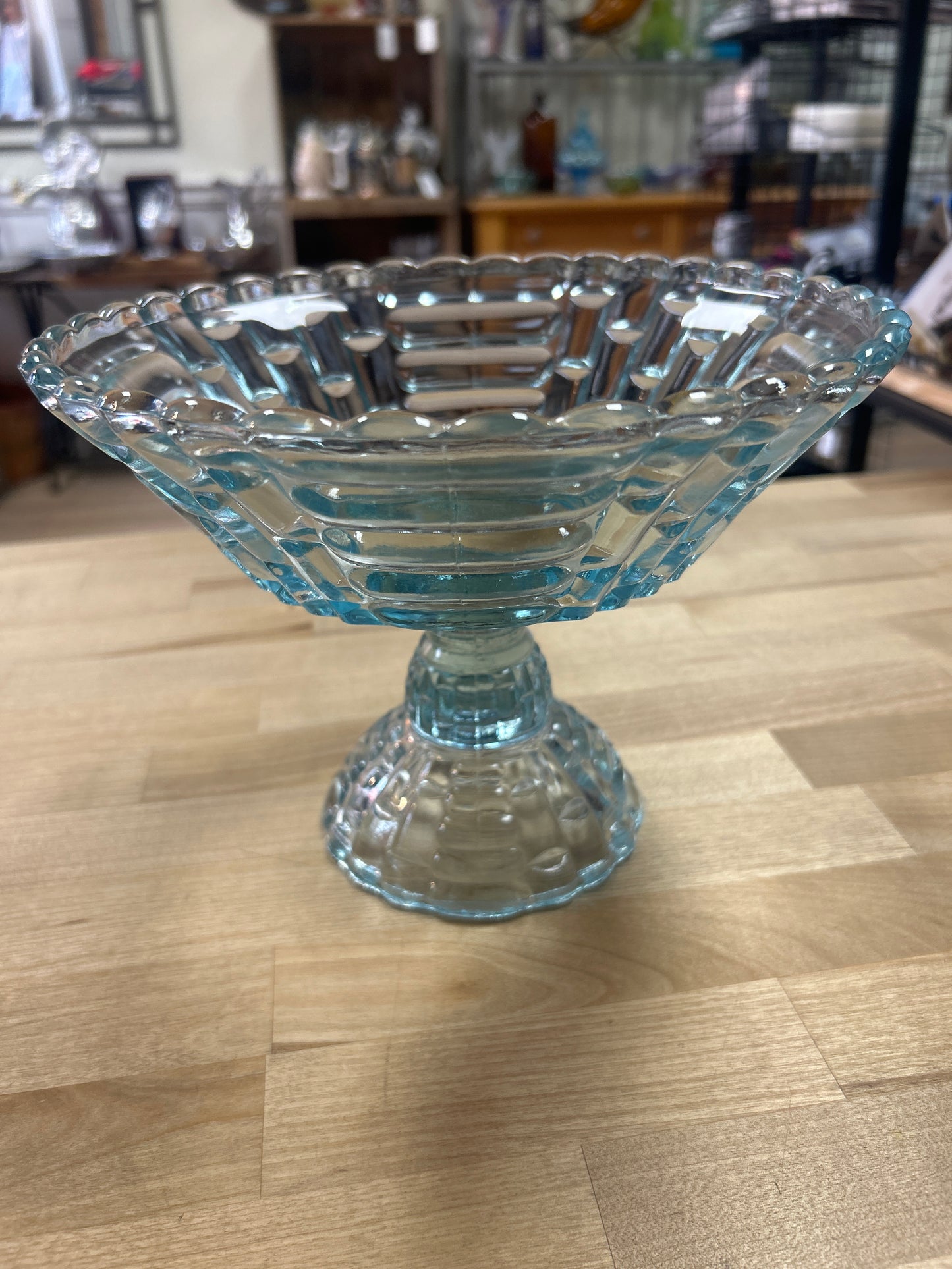 JEANETTE GLASS CO. ICE BLUE LOUISA BASKET WEAVE COMPOTE
