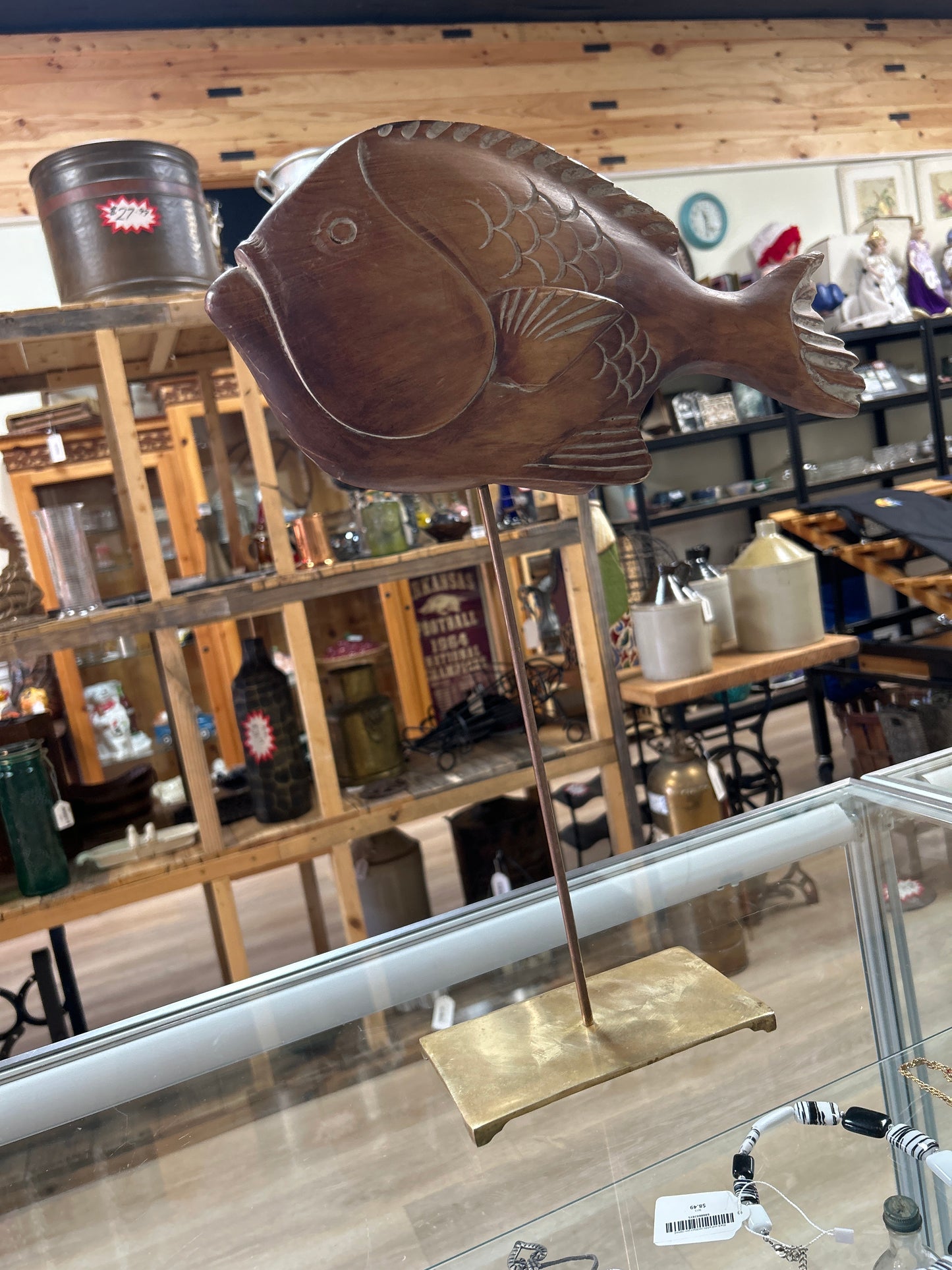 V Sarreid Ltd. sculpture from 1977, wooden fish mounted on a brass stand
