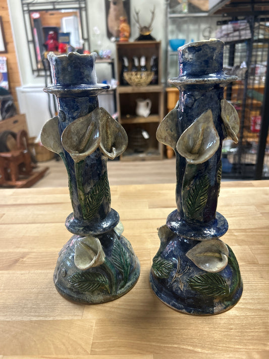 Ceramic Candle Holders Blue w/ Flowers 10 1/2”