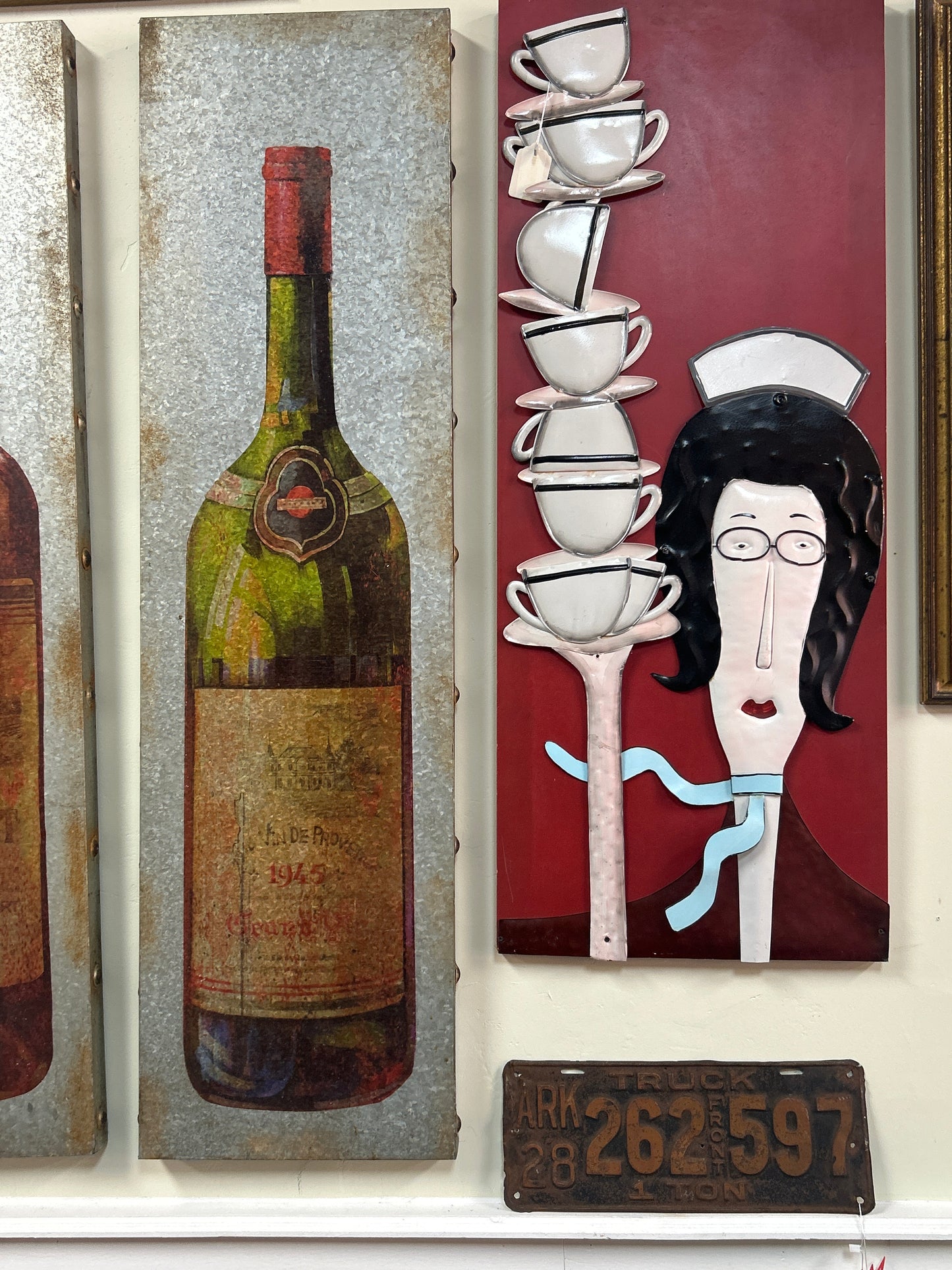 Metal Rustic Artwork 48” x 13” (1945 wine bottle motif)