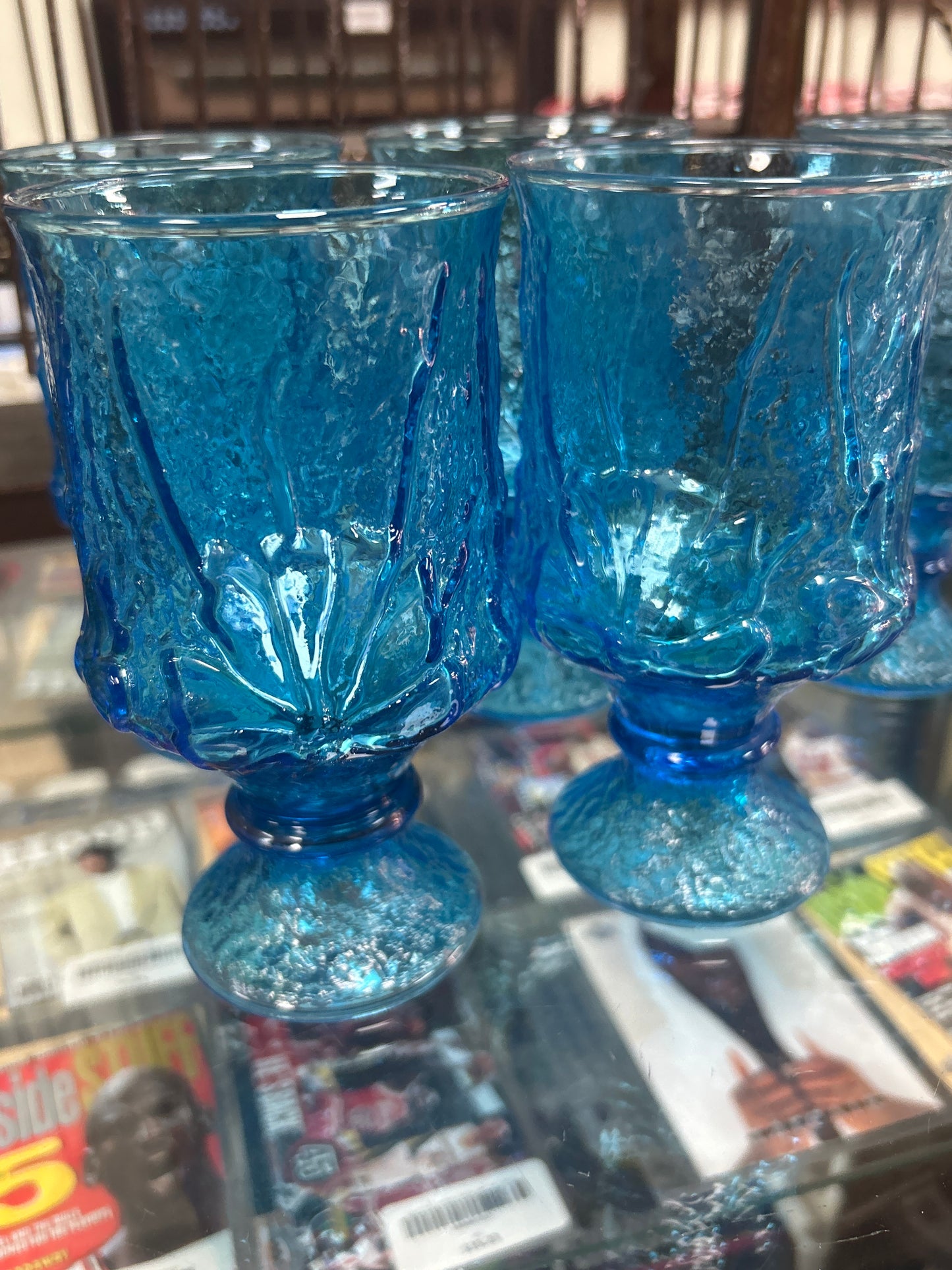 5 Vintage Footed Blue Anchor Hocking Rain Flower Tumblers