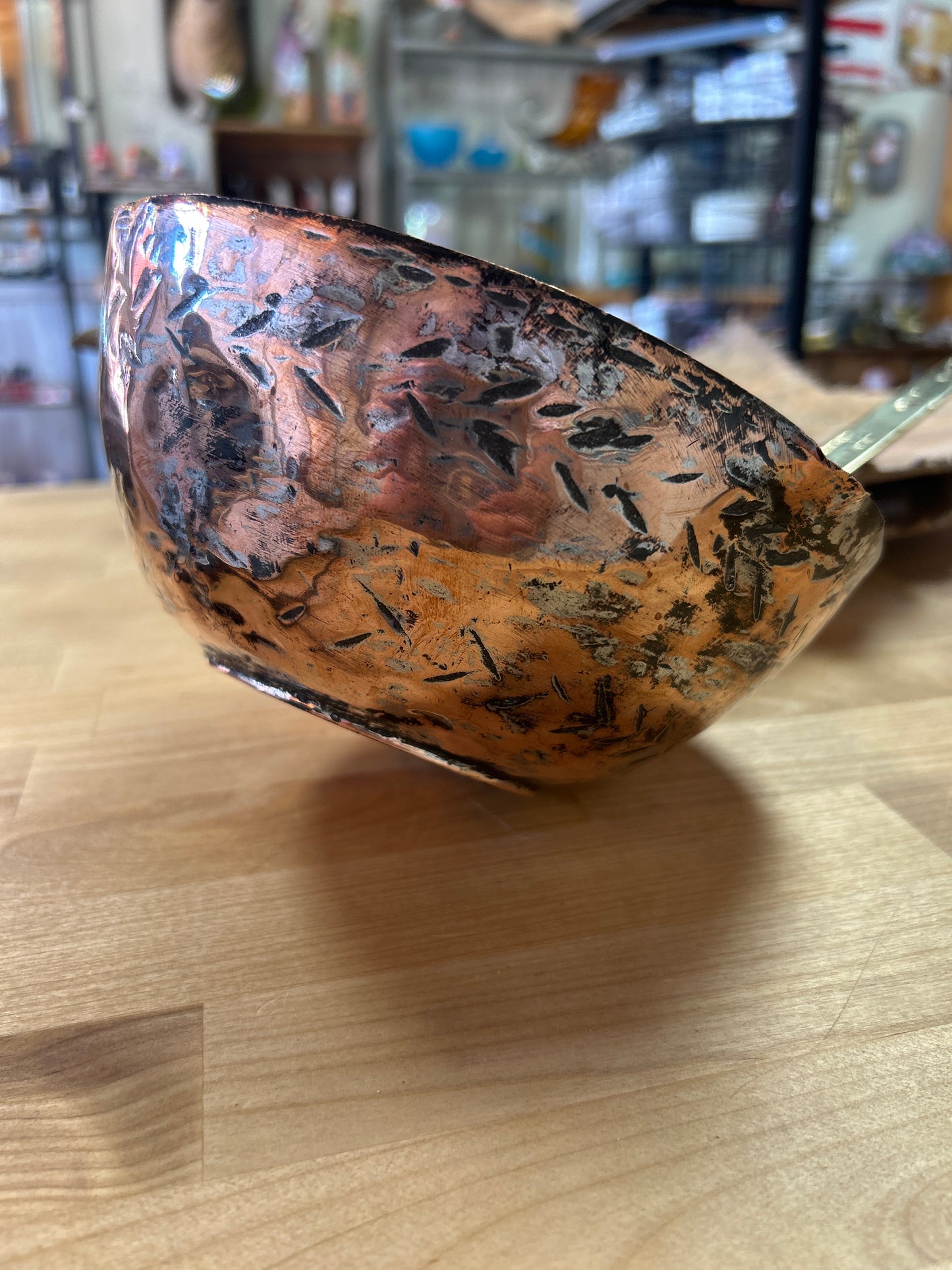 Vintage/Antique? Lrg Hammered Copper Serving Ladle Brass Handle (well used, preowned far from perfect but nice!)